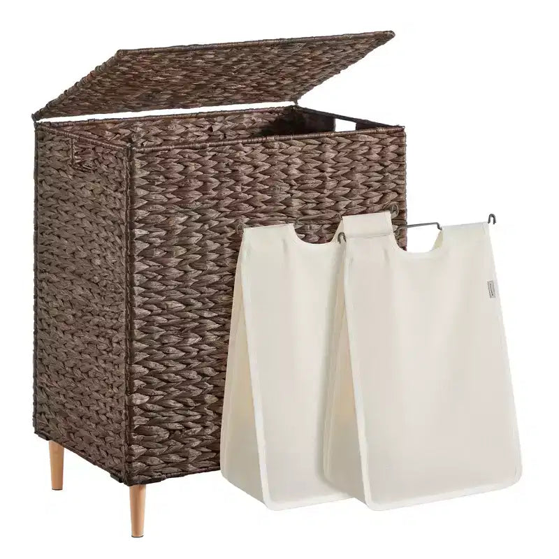 SONGMICS Laundry Hamper 2 Sections, 34.3 Gal. (130 L) Handwoven Water Hyacinth Wicker, with Lid, Removable Washable Liners, Handles