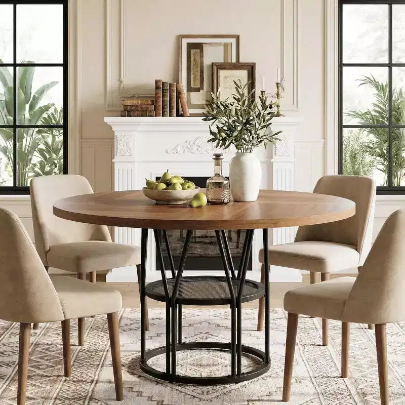 Tavolo da Pranzo Rotondo per 4-6 Persone, Tavolo da Cucina Circolare da 120 cm con Ripiano Contenitore e Robusta Struttura in Metallo, Tavolo Moderno per Cucina e Soggiorno