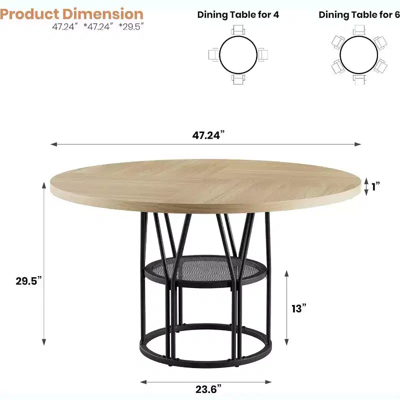 Tavolo da Pranzo Rotondo per 4-6 Persone, Tavolo da Cucina Circolare da 120 cm con Ripiano Contenitore e Robusta Struttura in Metallo, Tavolo Moderno per Cucina e Soggiorno