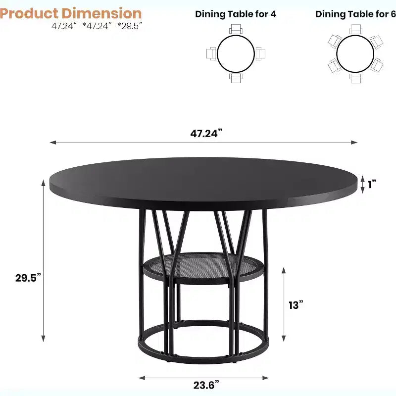 Tavolo da Pranzo Rotondo per 4-6 Persone, Tavolo da Cucina Circolare da 120 cm con Ripiano Contenitore e Robusta Struttura in Metallo, Tavolo Moderno per Cucina e Soggiorno