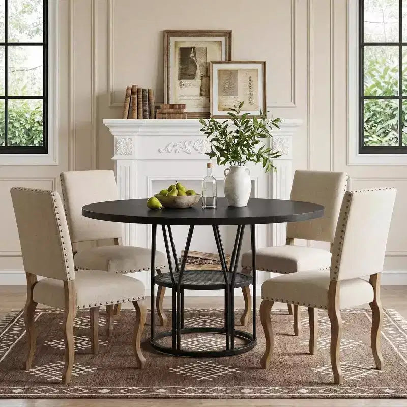 Tavolo da Pranzo Rotondo per 4-6 Persone, Tavolo da Cucina Circolare da 120 cm con Ripiano Contenitore e Robusta Struttura in Metallo, Tavolo Moderno per Cucina e Soggiorno