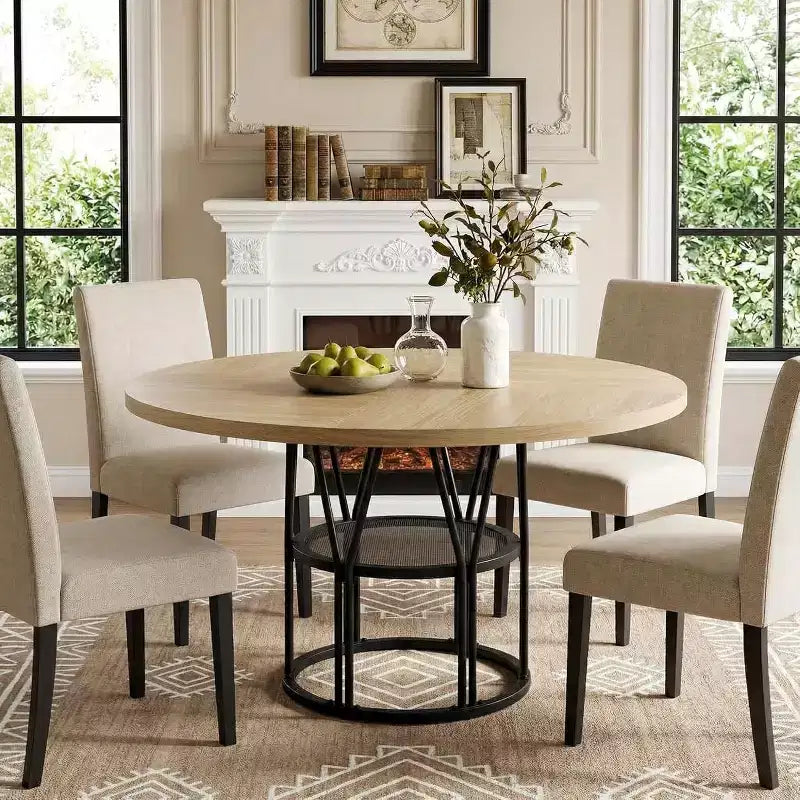 Tavolo da Pranzo Rotondo per 4-6 Persone, Tavolo da Cucina Circolare da 120 cm con Ripiano Contenitore e Robusta Struttura in Metallo, Tavolo Moderno per Cucina e Soggiorno