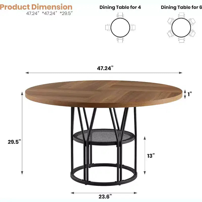 Tavolo da Pranzo Rotondo per 4-6 Persone, Tavolo da Cucina Circolare da 120 cm con Ripiano Contenitore e Robusta Struttura in Metallo, Tavolo Moderno per Cucina e Soggiorno