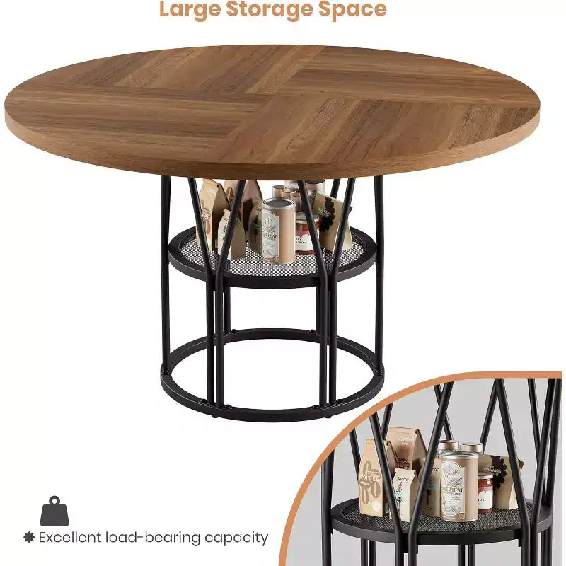 Tavolo da Pranzo Rotondo per 4-6 Persone, Tavolo da Cucina Circolare da 120 cm con Ripiano Contenitore e Robusta Struttura in Metallo, Tavolo Moderno per Cucina e Soggiorno