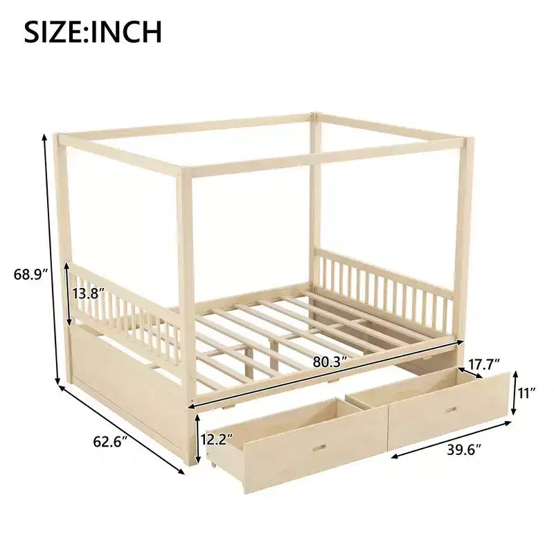 Letto a baldacchino matrimoniale in legno con 2 cassetti portaoggetti integrati - Robusto ed elegante