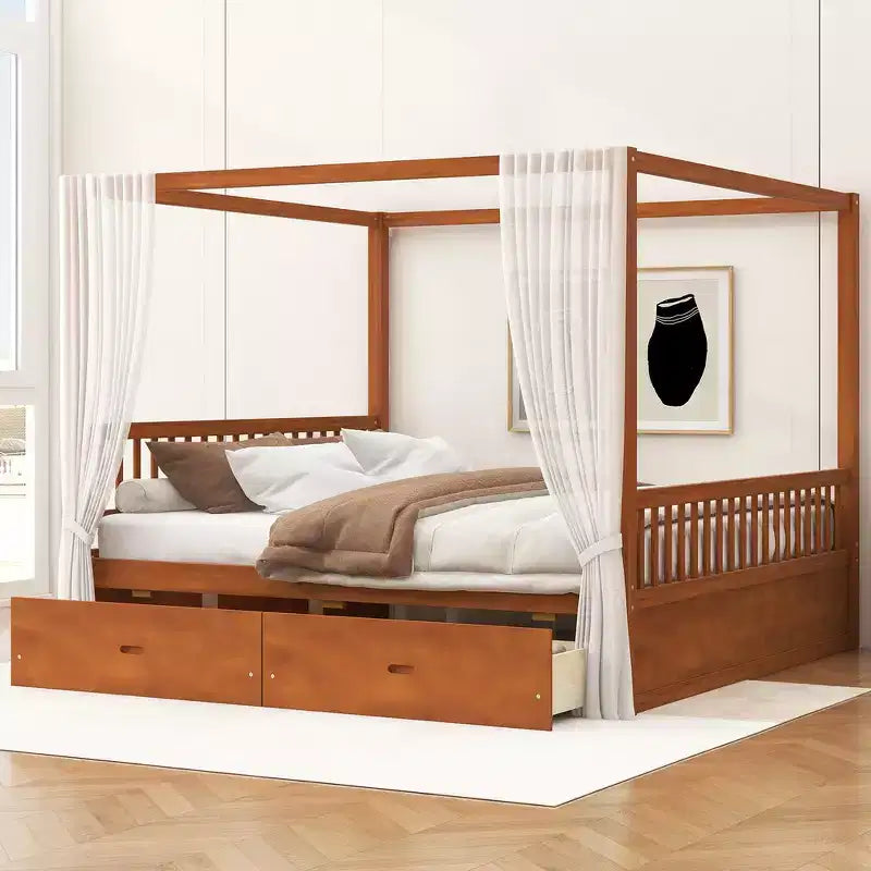 Letto a baldacchino matrimoniale in legno con 2 cassetti portaoggetti integrati - Robusto ed elegante