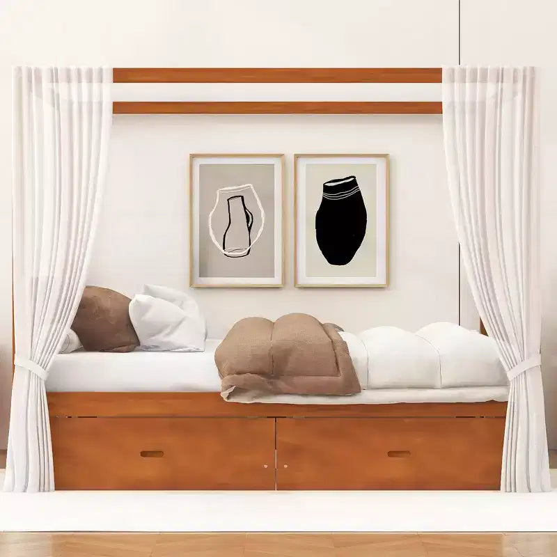 Letto a baldacchino matrimoniale in legno con 2 cassetti portaoggetti integrati - Robusto ed elegante