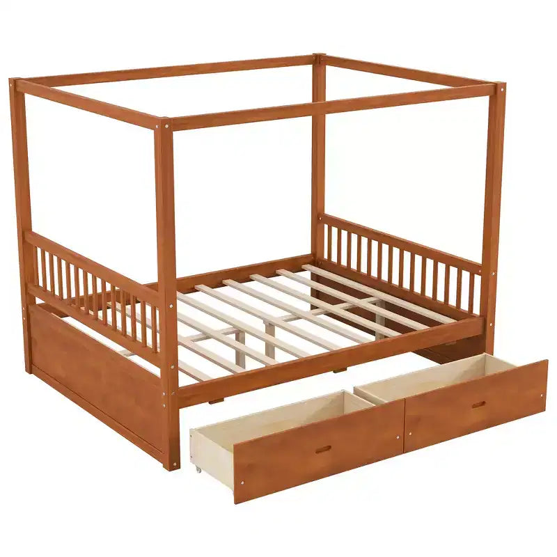 Letto a baldacchino matrimoniale in legno con 2 cassetti portaoggetti integrati - Robusto ed elegante