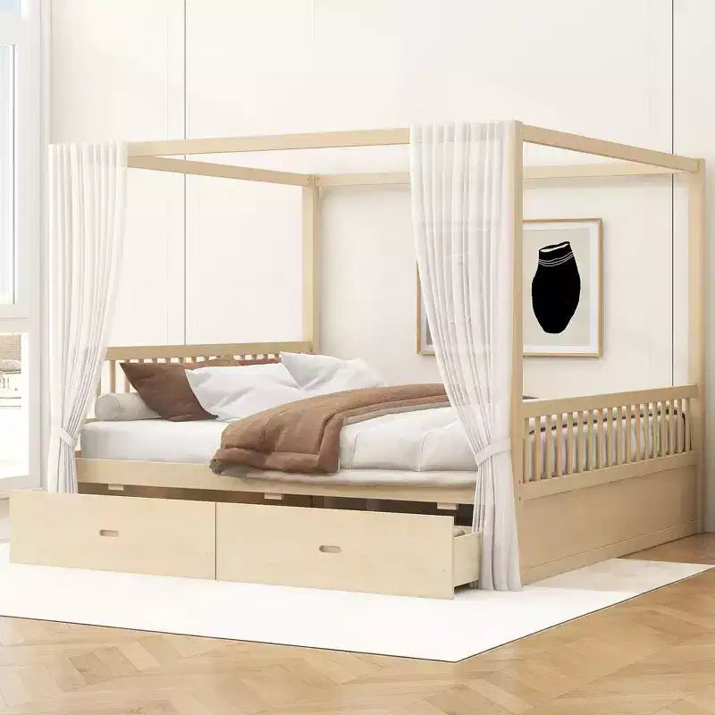 Letto a baldacchino matrimoniale in legno con 2 cassetti portaoggetti integrati - Robusto ed elegante