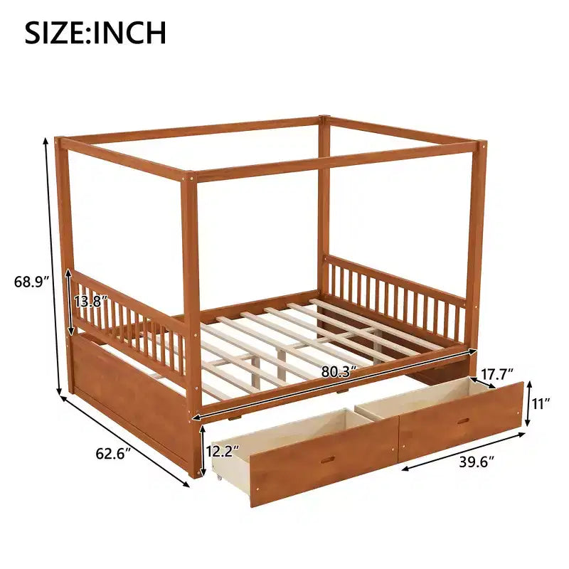 Letto a baldacchino matrimoniale in legno con 2 cassetti portaoggetti integrati - Robusto ed elegante