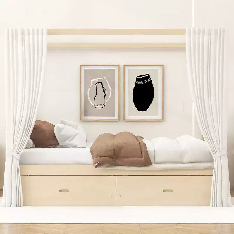 Letto a baldacchino matrimoniale in legno con 2 cassetti portaoggetti integrati - Robusto ed elegante