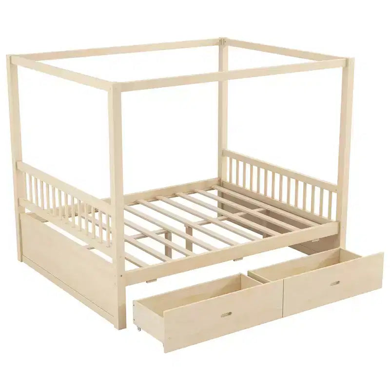 Letto a baldacchino matrimoniale in legno con 2 cassetti portaoggetti integrati - Robusto ed elegante