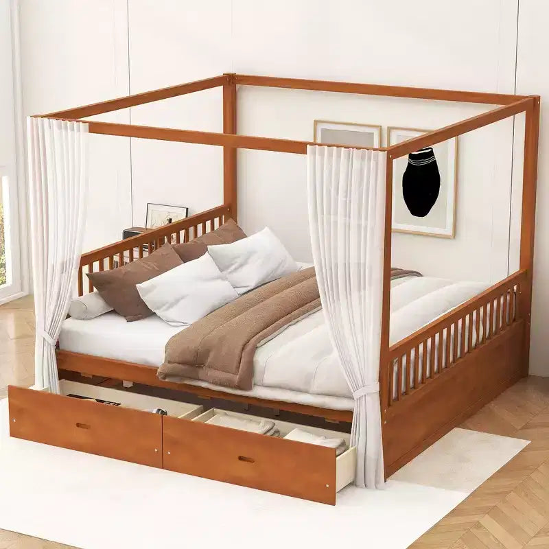 Letto a baldacchino matrimoniale in legno con 2 cassetti portaoggetti integrati - Robusto ed elegante