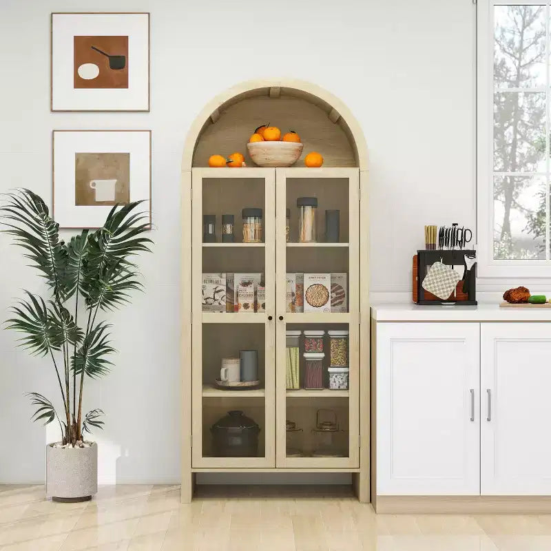 70 Modern Arched Display Cabinet with Glass Doors, Natural Kitchen Storage Cabinet for Dining Room, or Living Room-Panipeachy