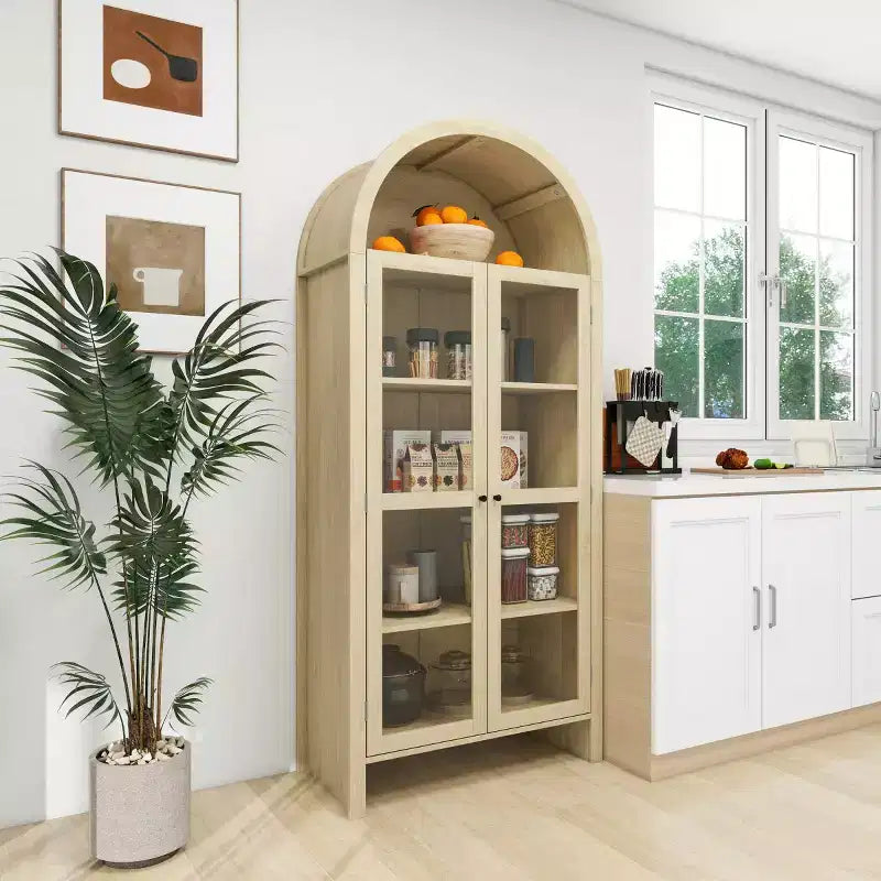 Pensile a muro moderno da 70" con ante in vetro - Credenza per cucina e sala da pranzo, finitura naturale