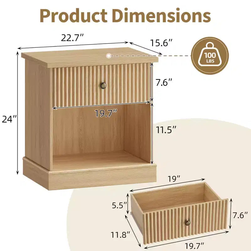 Comodino scanalato con cassetto, tavolino moderno con ripiano aperto, comodino salvaspazio con base curva per camera da letto o soggiorno