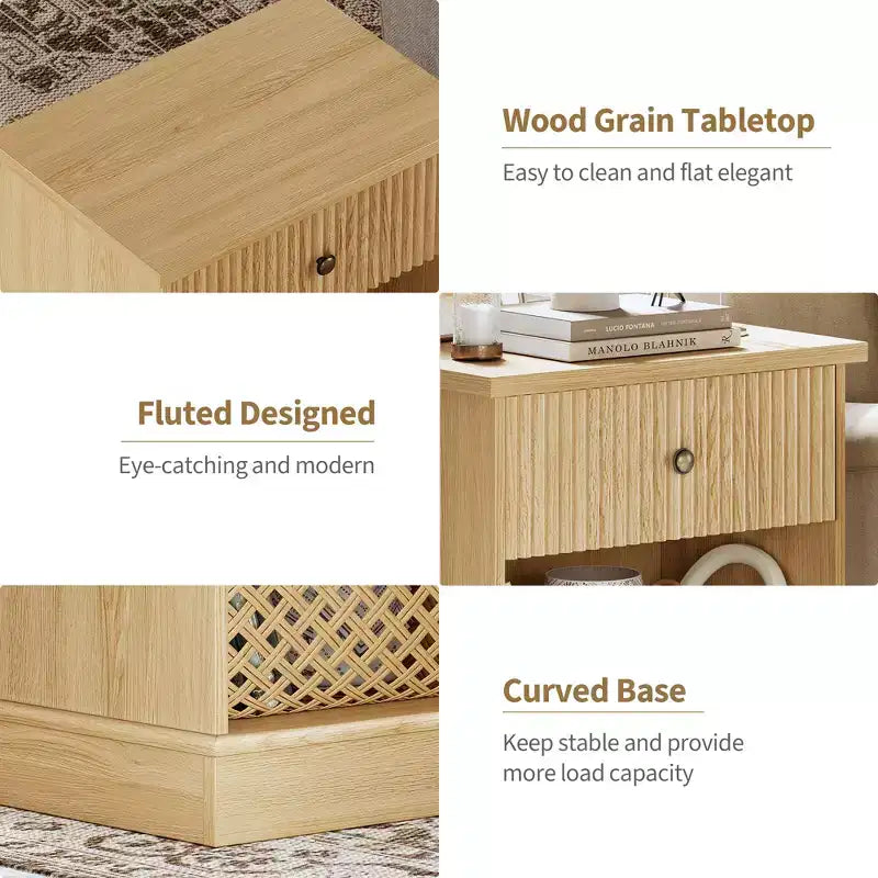 Comodino scanalato con cassetto, tavolino moderno con ripiano aperto, comodino salvaspazio con base curva per camera da letto o soggiorno