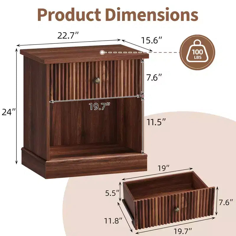 Comodino scanalato con cassetto, tavolino moderno con ripiano aperto, comodino salvaspazio con base curva per camera da letto o soggiorno