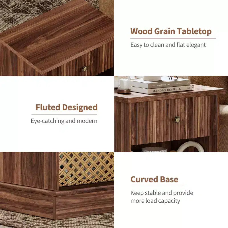 Comodino scanalato con cassetto, tavolino moderno con ripiano aperto, comodino salvaspazio con base curva per camera da letto o soggiorno