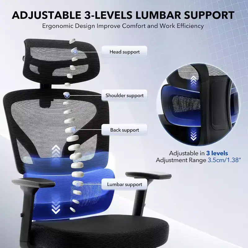 Sedia da ufficio ergonomica con poggiapiedi regolabile e supporto lombare, sedia da scrivania ad alto schienale per ufficio, sedia da gaming in rete con braccioli 3D, poggiatesta
