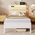 White Twin Platform Bed Frame with Bookcase Storage Headboard LED Lights Charging Station Metal Support No Box Spring Needed Kids Dorm Room