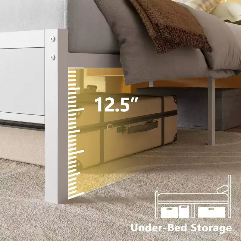 Struttura Letto a Piattaforma Matrimoniale Bianca con Testiera Libreria, Luci LED, Stazione di Ricarica, Supporto in Metallo, Nessun Box Spring Necessario, per Camera Bambini/Dormitorio