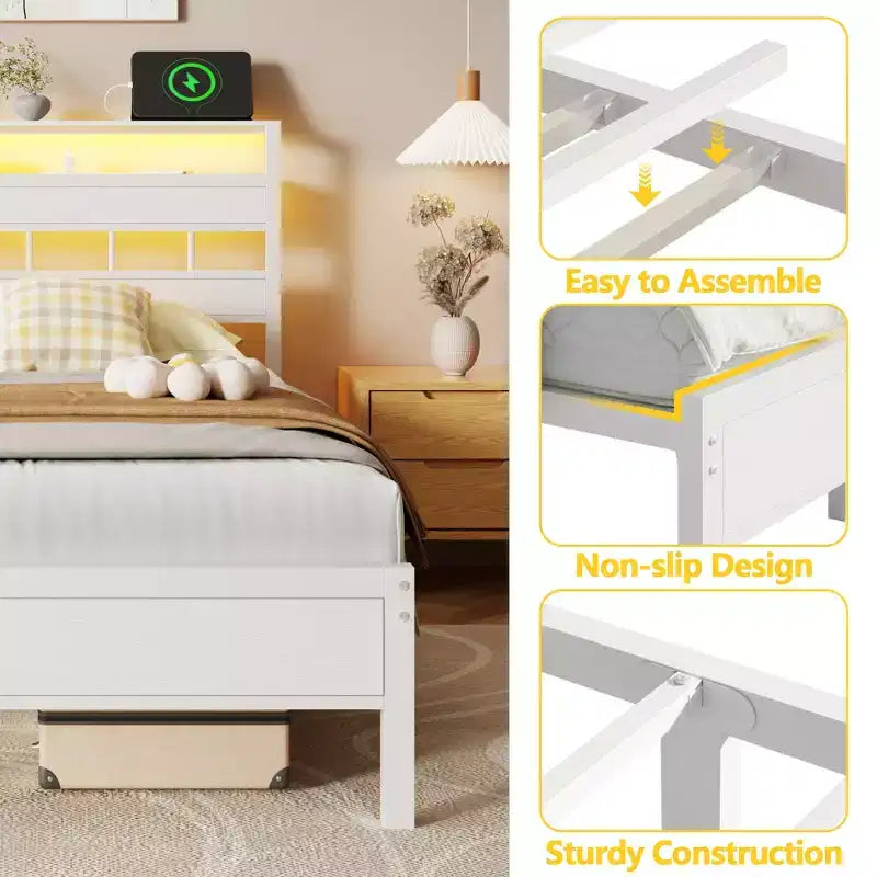 Struttura Letto a Piattaforma Matrimoniale Bianca con Testiera Libreria, Luci LED, Stazione di Ricarica, Supporto in Metallo, Nessun Box Spring Necessario, per Camera Bambini/Dormitorio