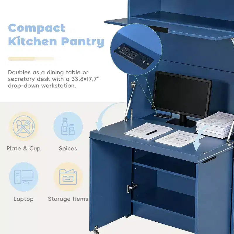 Credenza da cucina con dispensa a 69", piano di lavoro pieghevole e presa di corrente