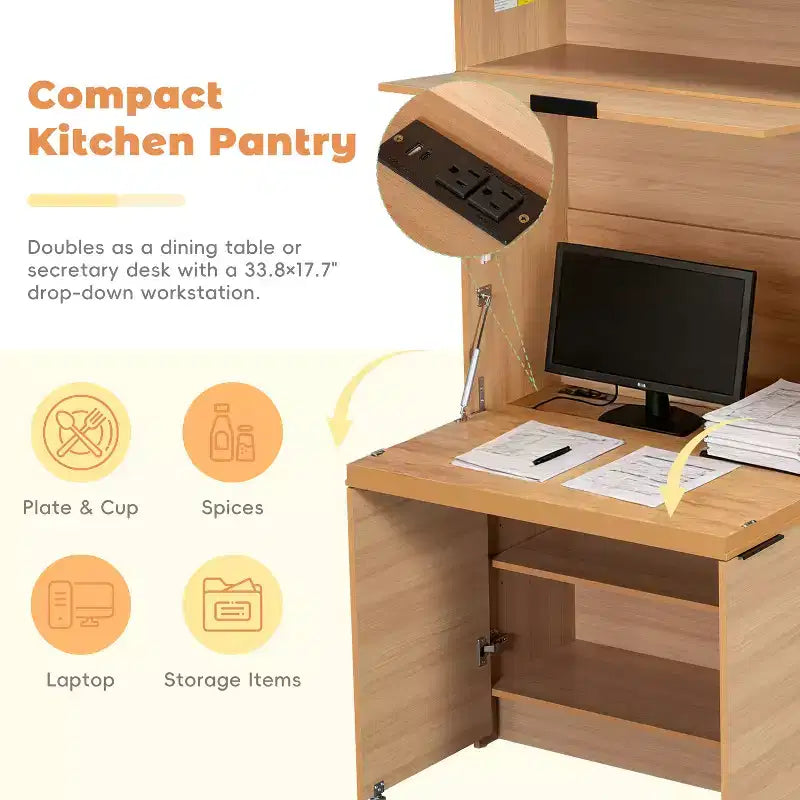 Credenza da cucina con dispensa a 69", piano di lavoro pieghevole e presa di corrente