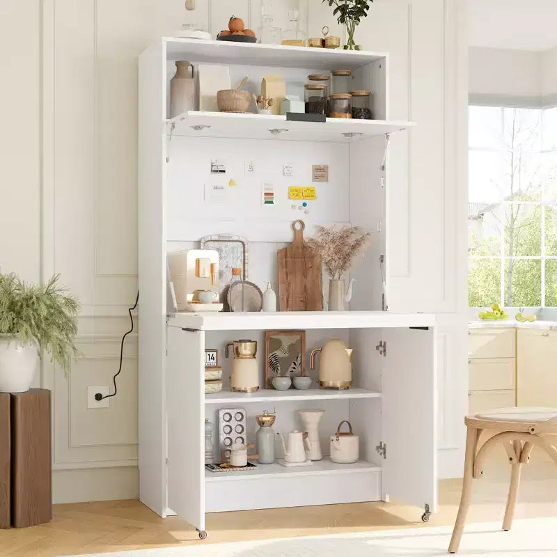 Credenza da cucina con dispensa a 69", piano di lavoro pieghevole e presa di corrente