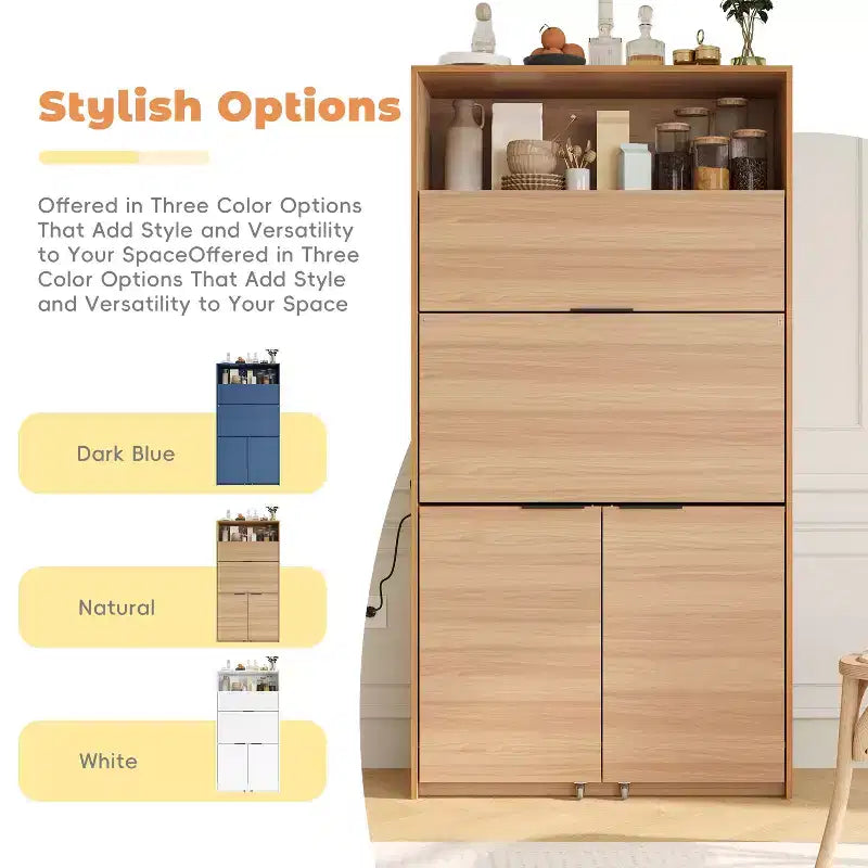 Credenza da cucina con dispensa a 69", piano di lavoro pieghevole e presa di corrente