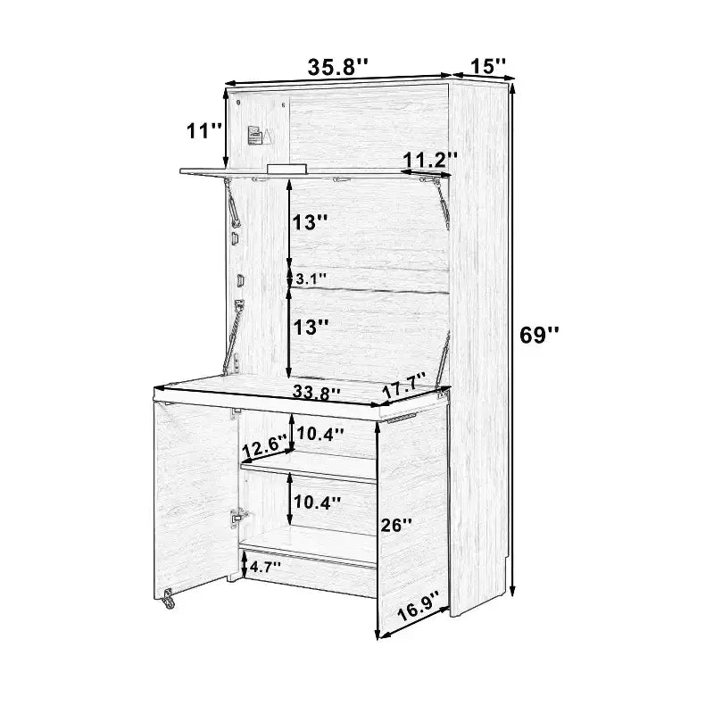 Credenza da cucina con dispensa a 69", piano di lavoro pieghevole e presa di corrente