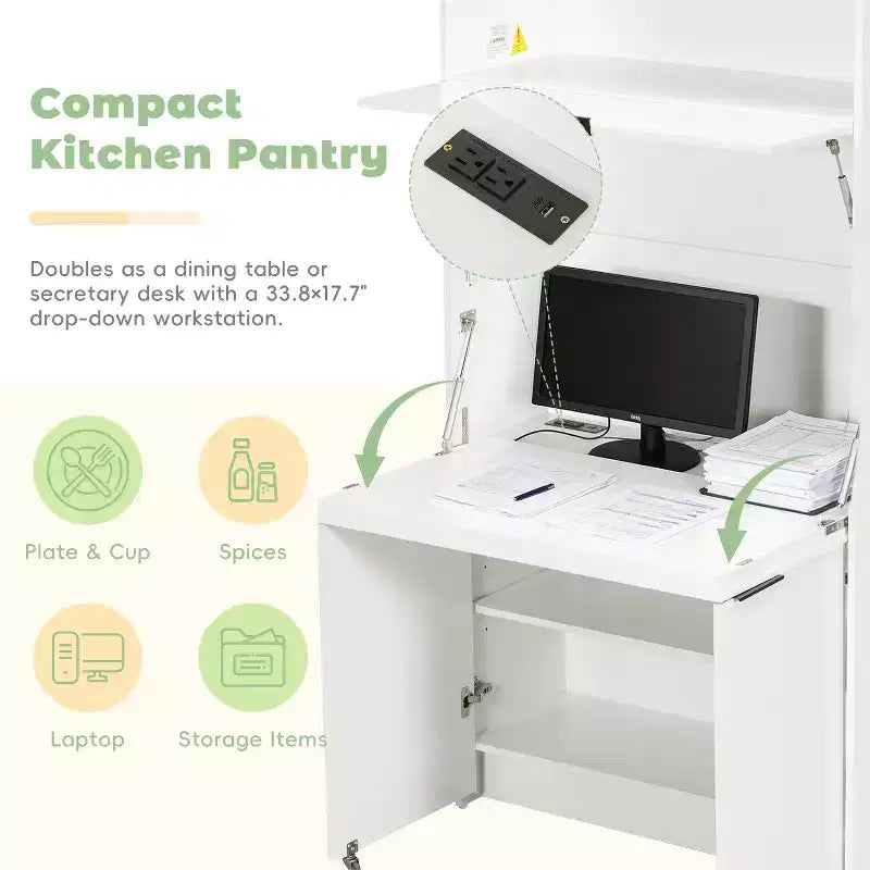Credenza da cucina con dispensa a 69", piano di lavoro pieghevole e presa di corrente
