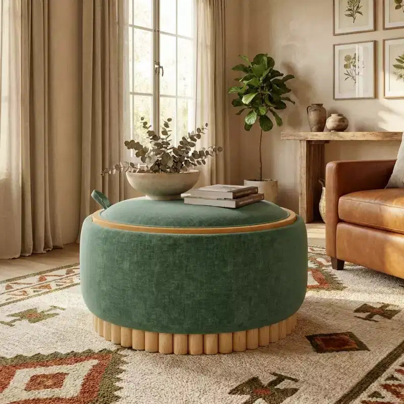 Pouf rotondo contenitore con base cilindrica in legno massello e coperchio reversibile