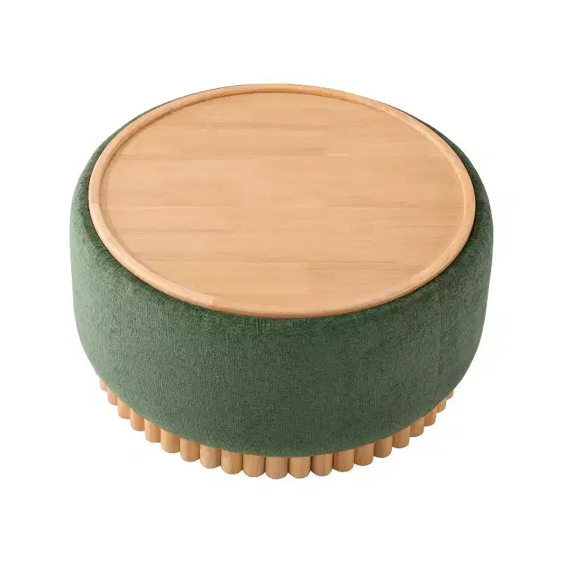 Pouf rotondo contenitore con base cilindrica in legno massello e coperchio reversibile