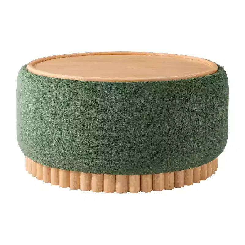 Pouf rotondo contenitore con base cilindrica in legno massello e coperchio reversibile