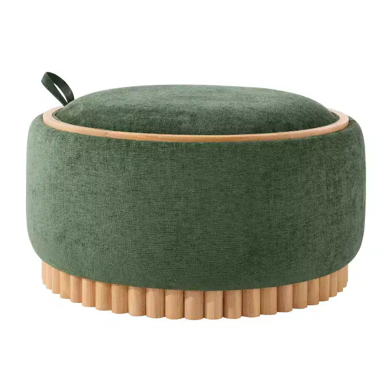 Pouf rotondo contenitore con base cilindrica in legno massello e coperchio reversibile