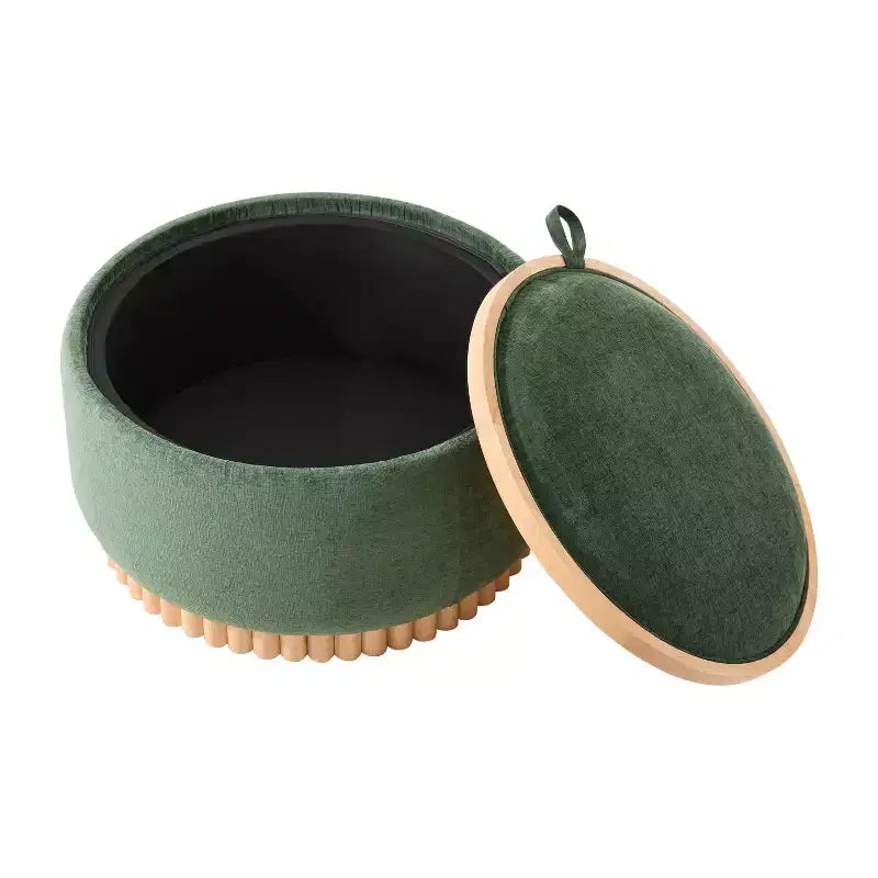 Pouf rotondo contenitore con base cilindrica in legno massello e coperchio reversibile