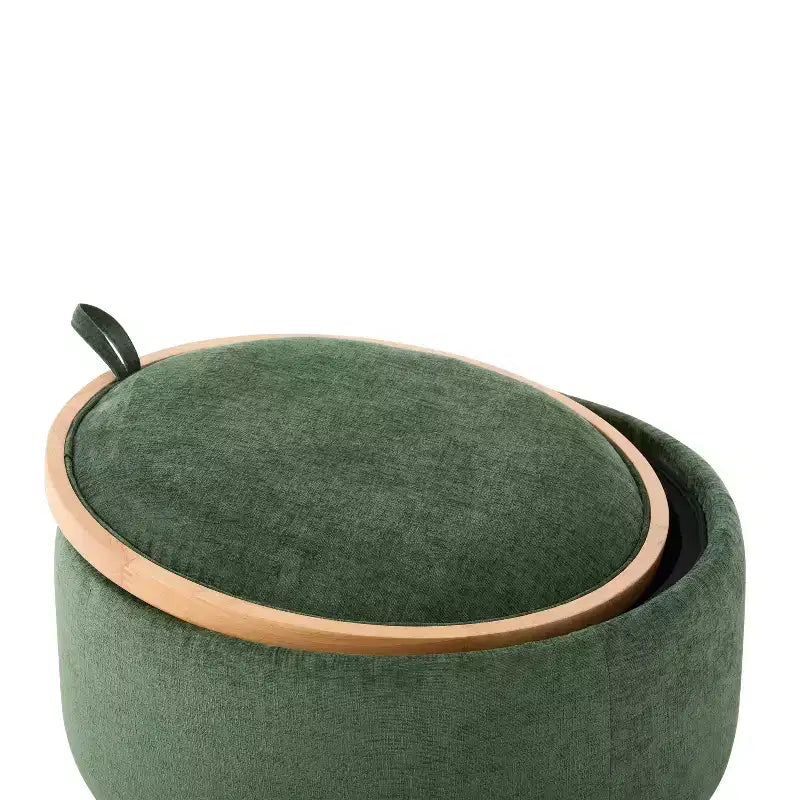 Pouf rotondo contenitore con base cilindrica in legno massello e coperchio reversibile