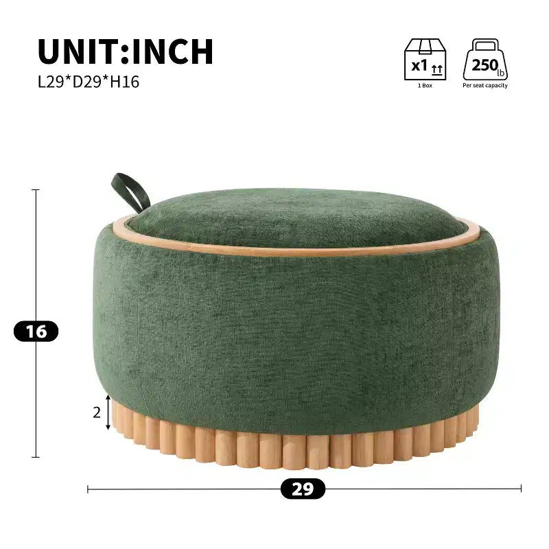 Pouf rotondo contenitore con base cilindrica in legno massello e coperchio reversibile
