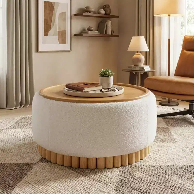 Pouf rotondo contenitore con base cilindrica in legno massello e coperchio reversibile