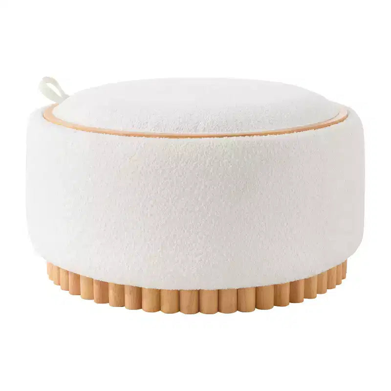 Pouf rotondo contenitore con base cilindrica in legno massello e coperchio reversibile