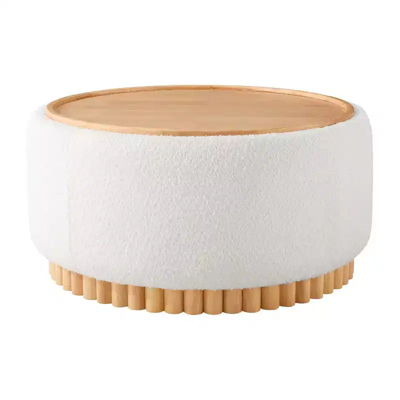 Pouf rotondo contenitore con base cilindrica in legno massello e coperchio reversibile