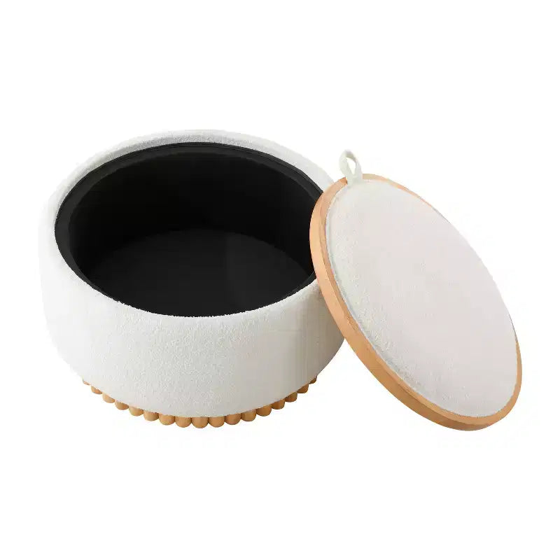 Pouf rotondo contenitore con base cilindrica in legno massello e coperchio reversibile