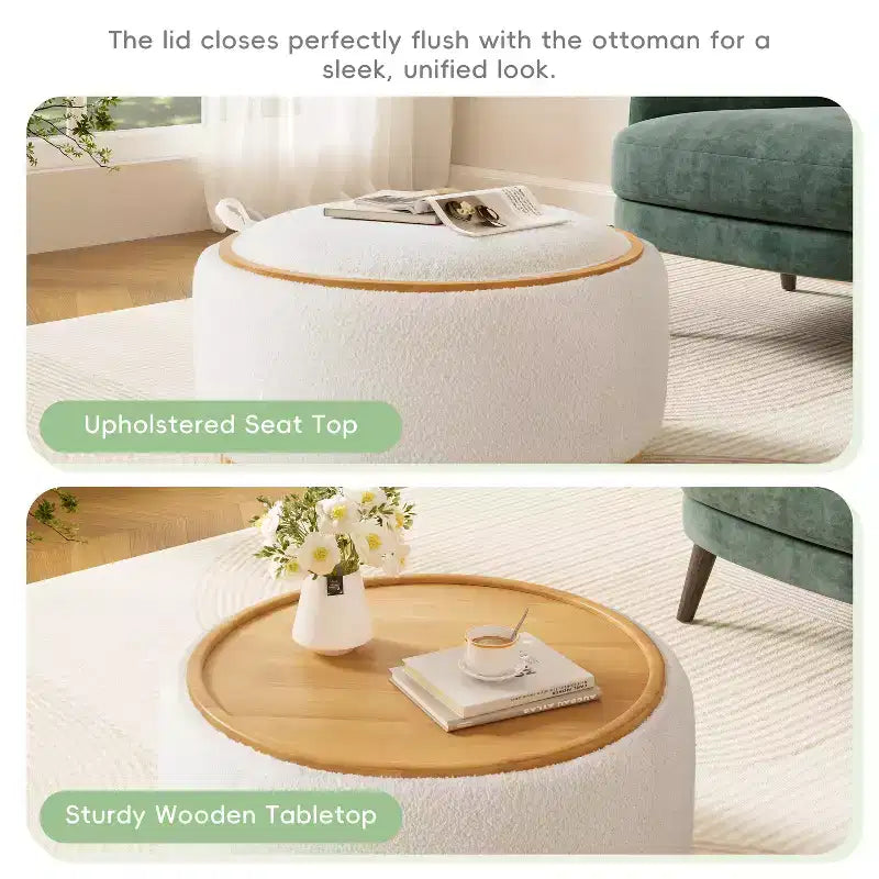 Pouf rotondo contenitore con base cilindrica in legno massello e coperchio reversibile