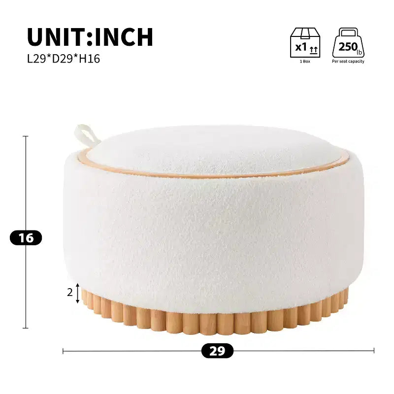 Pouf rotondo contenitore con base cilindrica in legno massello e coperchio reversibile