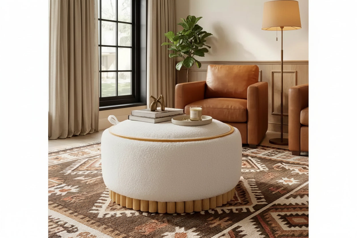 Polibi Round Storage Ottoman with Solid Wood Cylinder Base & Reversible Lid