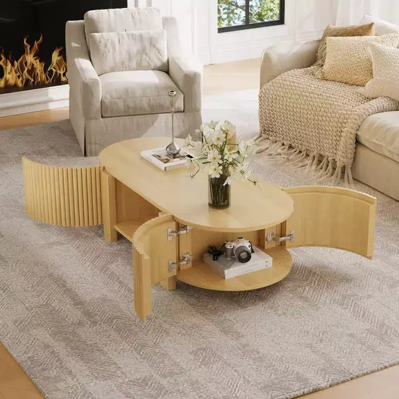 Tavolino moderno 47, Tavolino ovale in legno con contenitore, Tavolino d'accento scanalato per soggiorno, camera da letto, ufficio