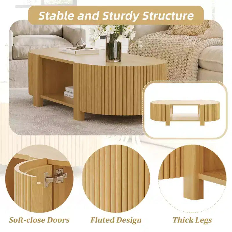 Tavolino moderno 47, Tavolino ovale in legno con contenitore, Tavolino d'accento scanalato per soggiorno, camera da letto, ufficio