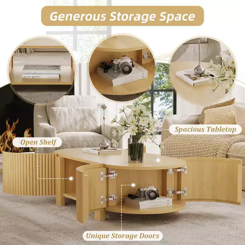 Tavolino moderno 47, Tavolino ovale in legno con contenitore, Tavolino d'accento scanalato per soggiorno, camera da letto, ufficio